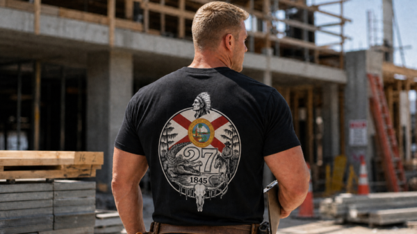 Man wearing black Florida 27th State T-Shirt with Florida 27th State back artwork